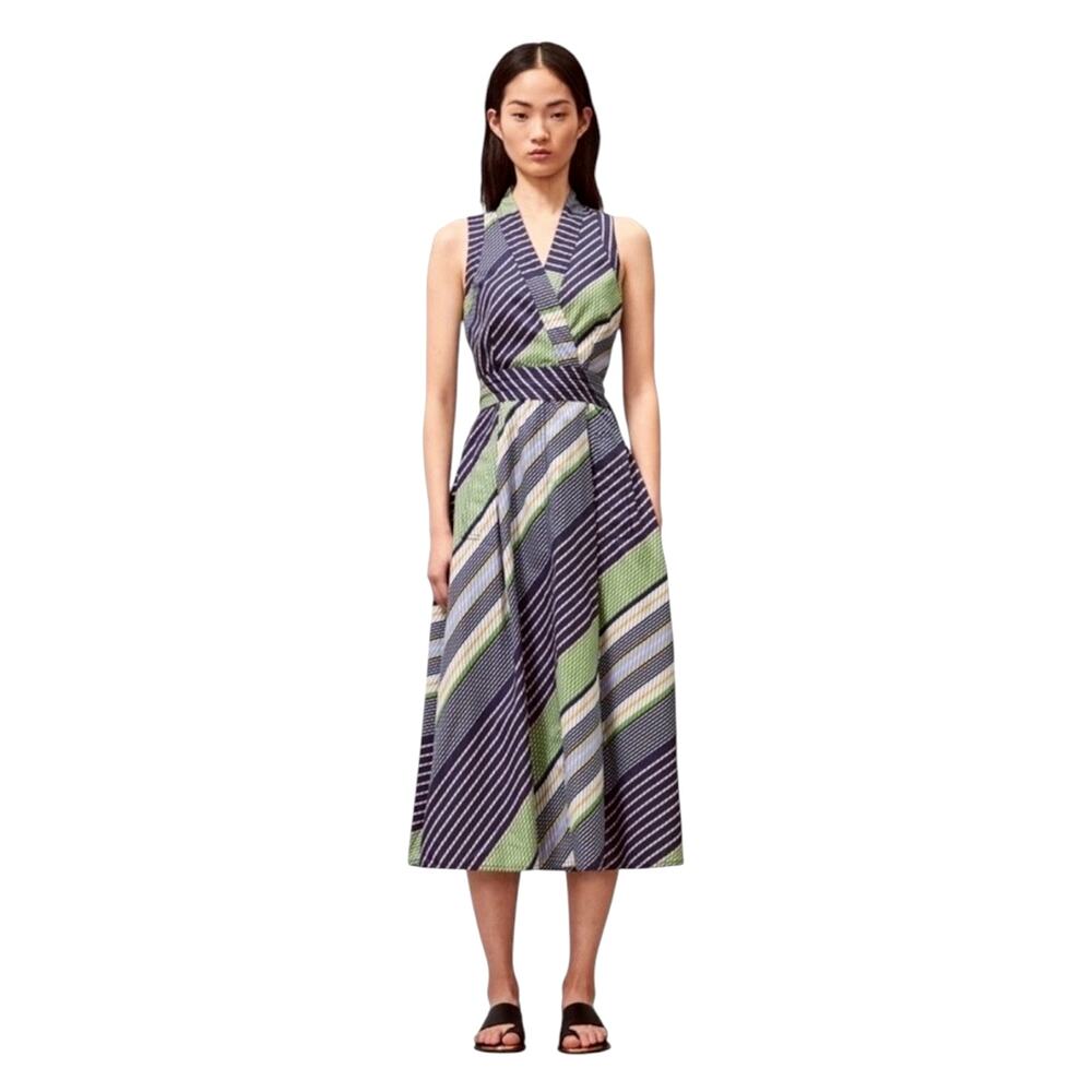 Tory Burch striped overprinted wrap sleeveless dress size 2 preppy chic summer